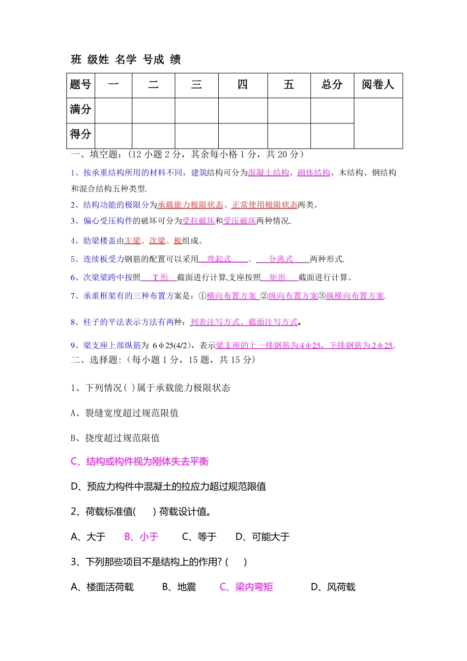 钢筋混凝土期末试卷答案_第1页