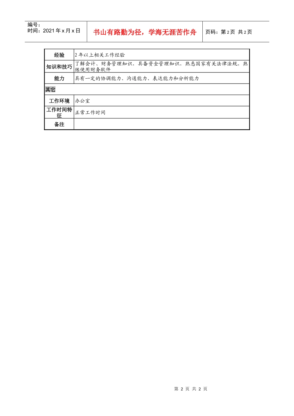 日化企业生产出纳员岗位说明书_第2页