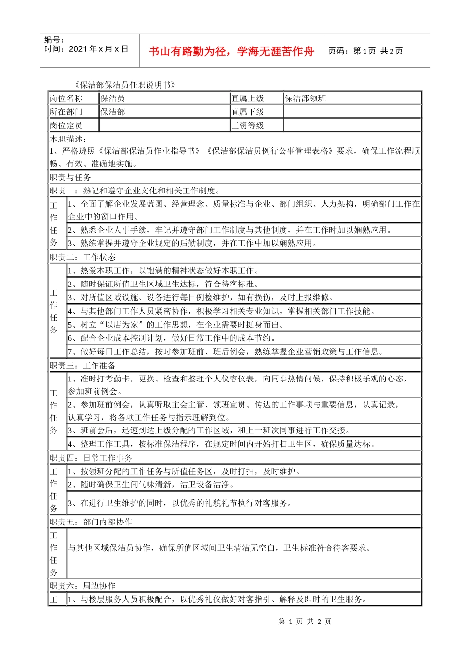 某连锁餐饮企业保洁部保洁员职务说明书_第1页