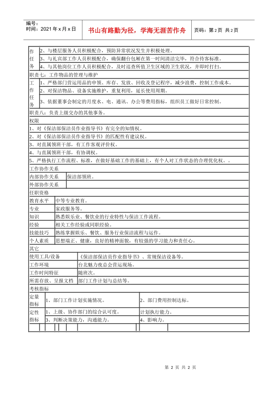 某连锁餐饮企业保洁部保洁员职务说明书_第2页