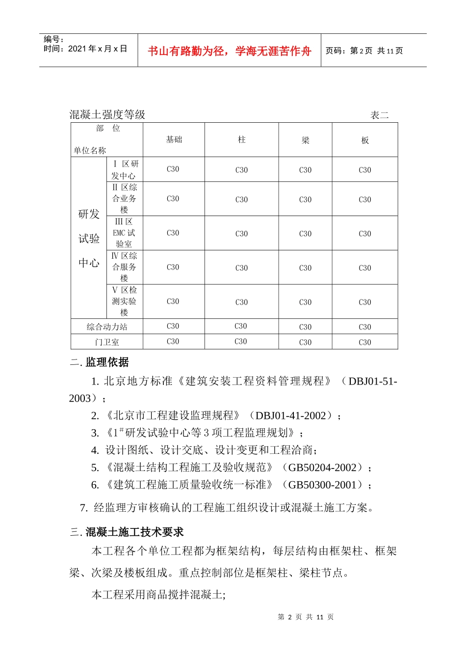 标准化科技园工程主体分部混凝土分项工程(范本)_第2页