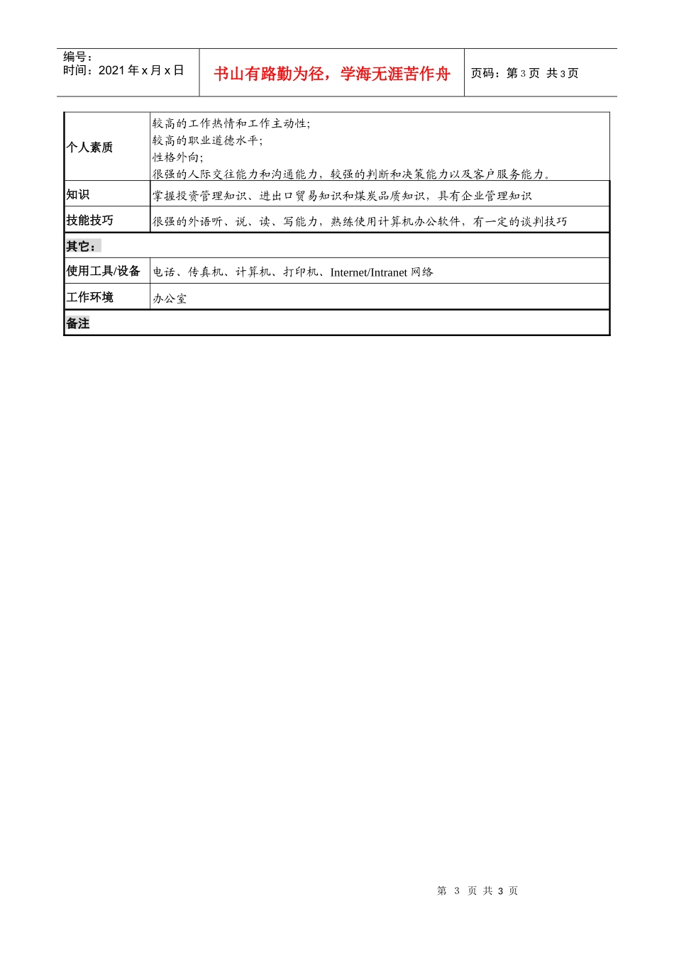 煤炭行业-集团公司-事业部-投资主管岗位说明书_第3页