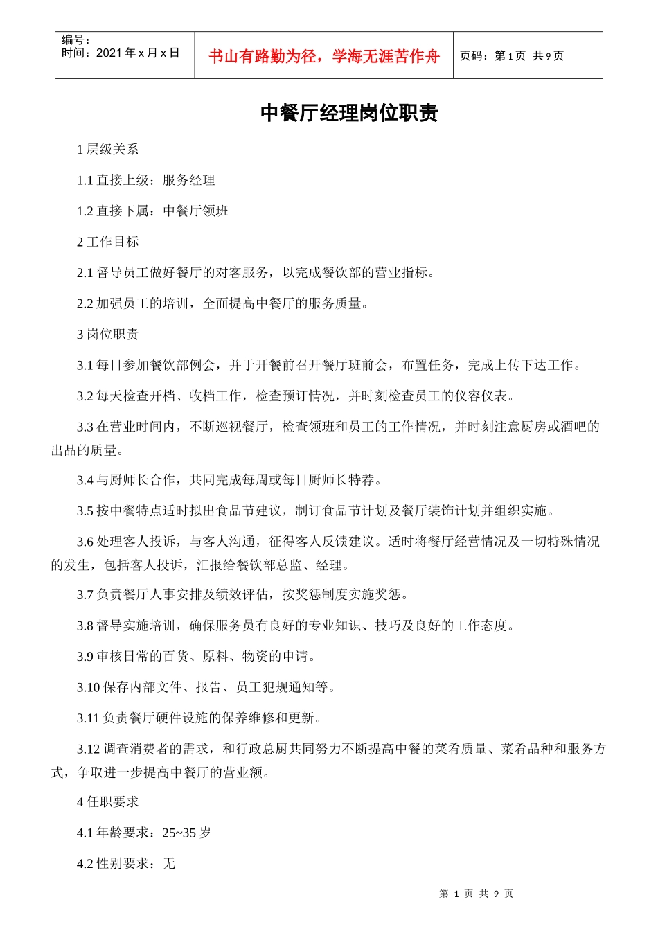 某酒店中餐厅职业经理岗位职责_第1页