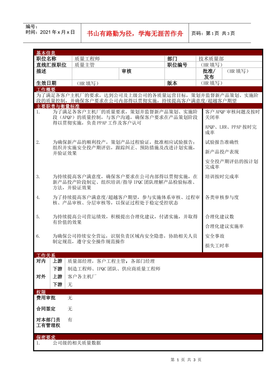 某大型电子公司质量工程师职位说明书_第1页