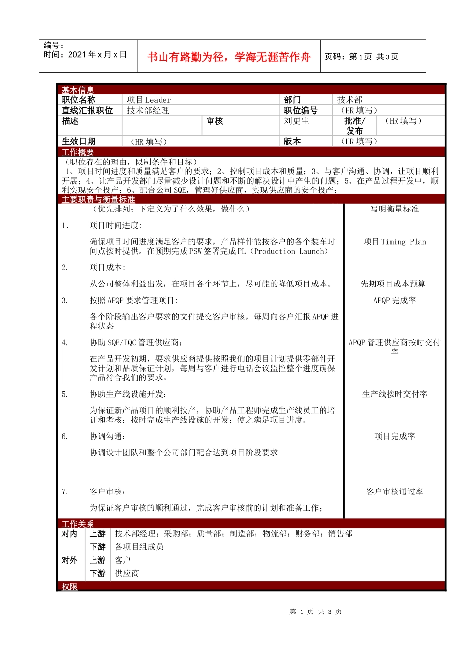 某大型电子公司技术部项目主管职位说明书_第1页