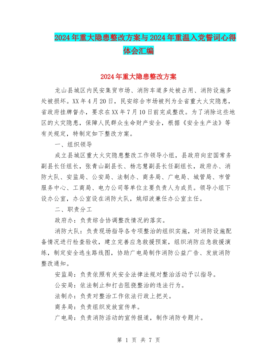 2024年重大隐患整改方案与2024年重温入党誓词心得体会汇编_第1页