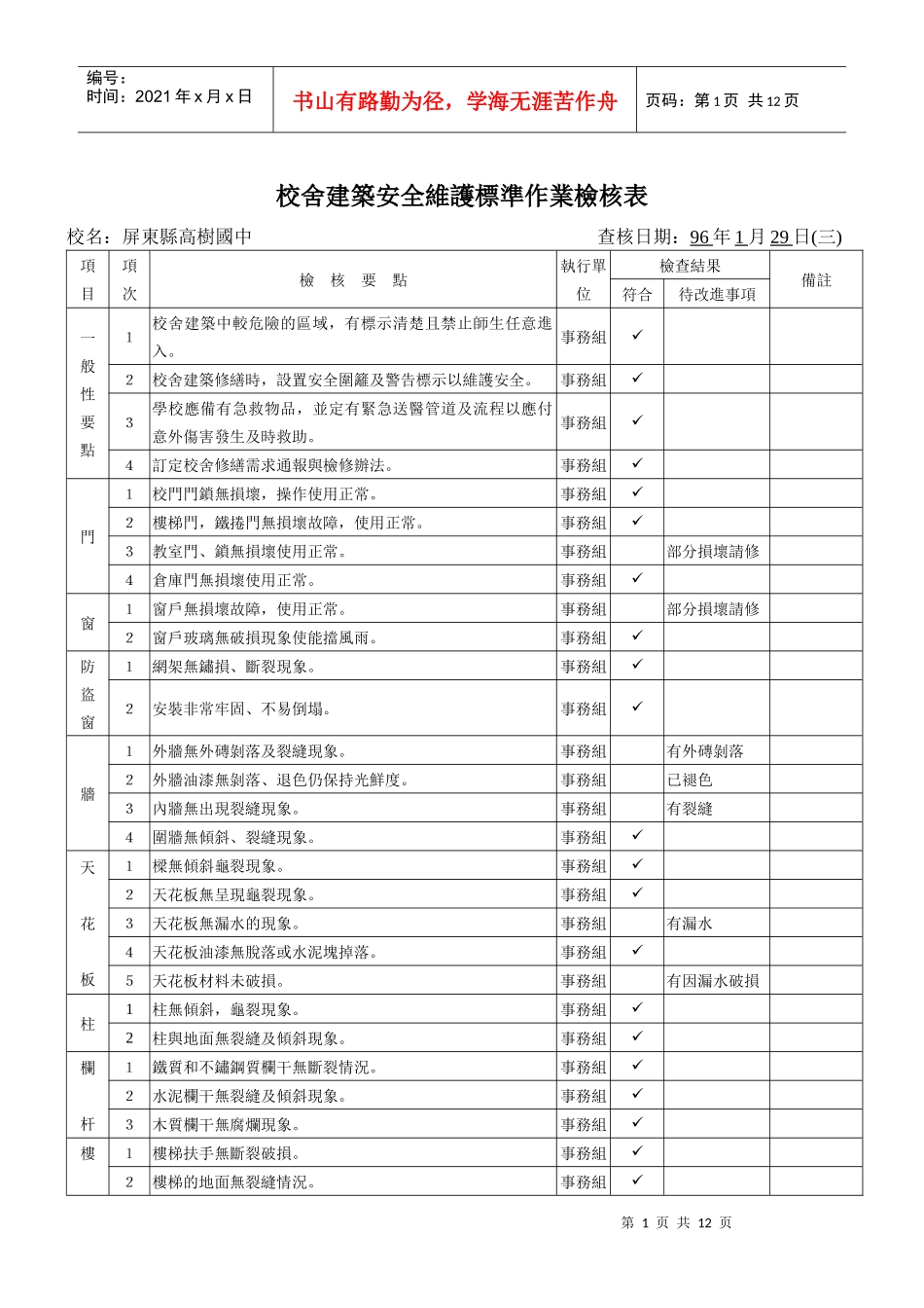 校舍建筑安全维护标准作业检核表_第1页