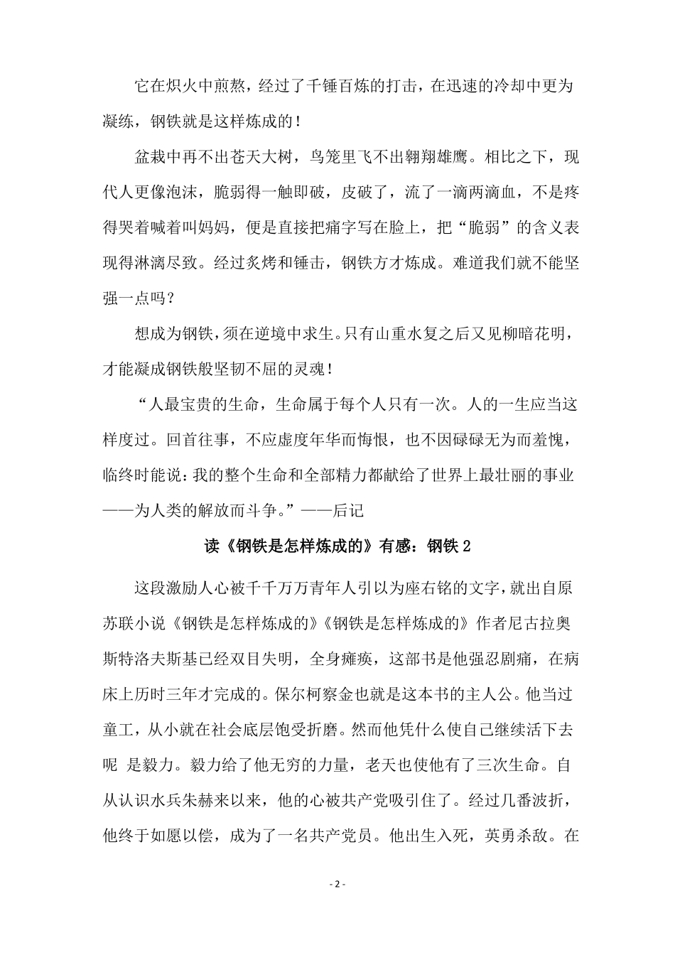 读钢铁是怎样炼成的有感钢铁_第2页