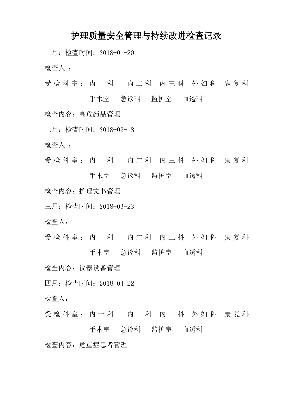 护理质量安全管理与持续改进检查记录表_第1页