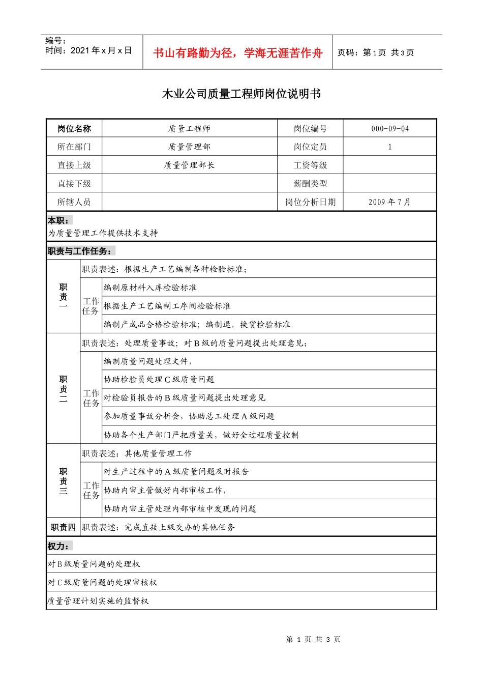 木业公司质量工程师岗位说明书_第1页