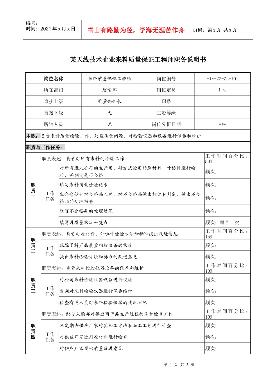 来料质量保证工程师职务说明书_第1页