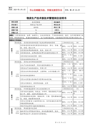某啤酒企业物资生产技术部技术管理岗位说明书