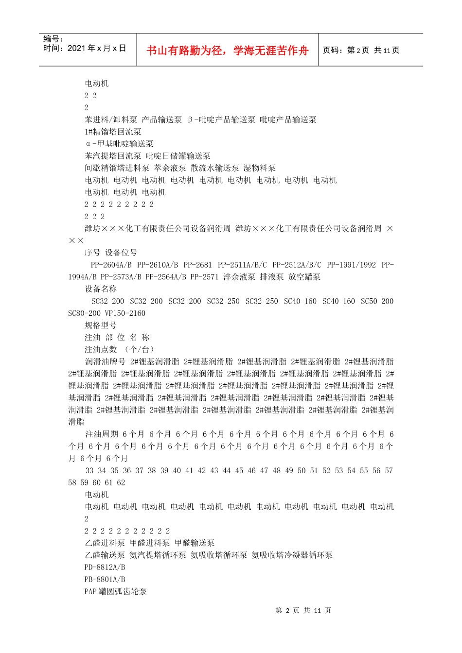 潍坊×××化工有限责任公司设备润滑周期表_第2页