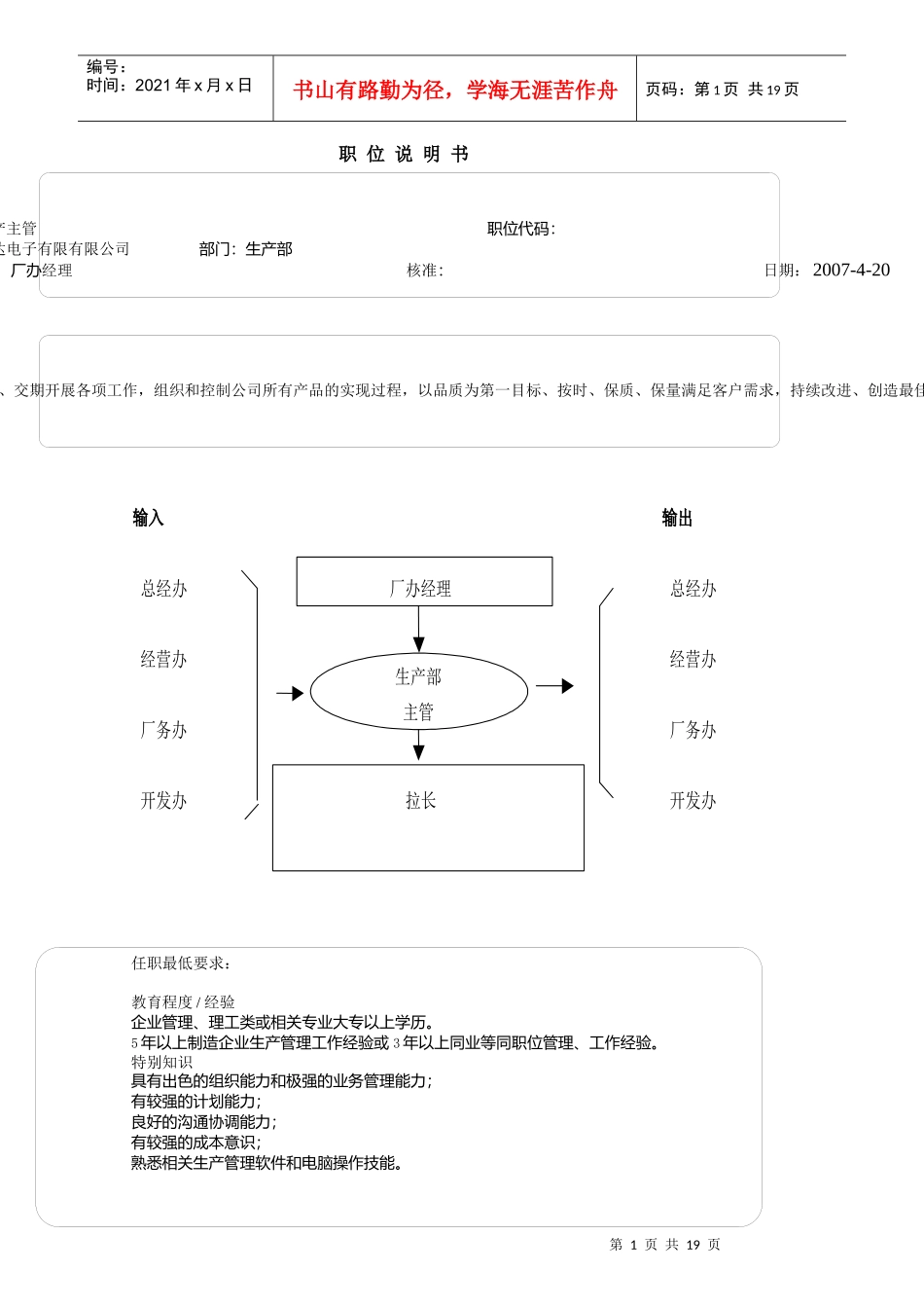 某电子公司生产主管职位说明书_第1页