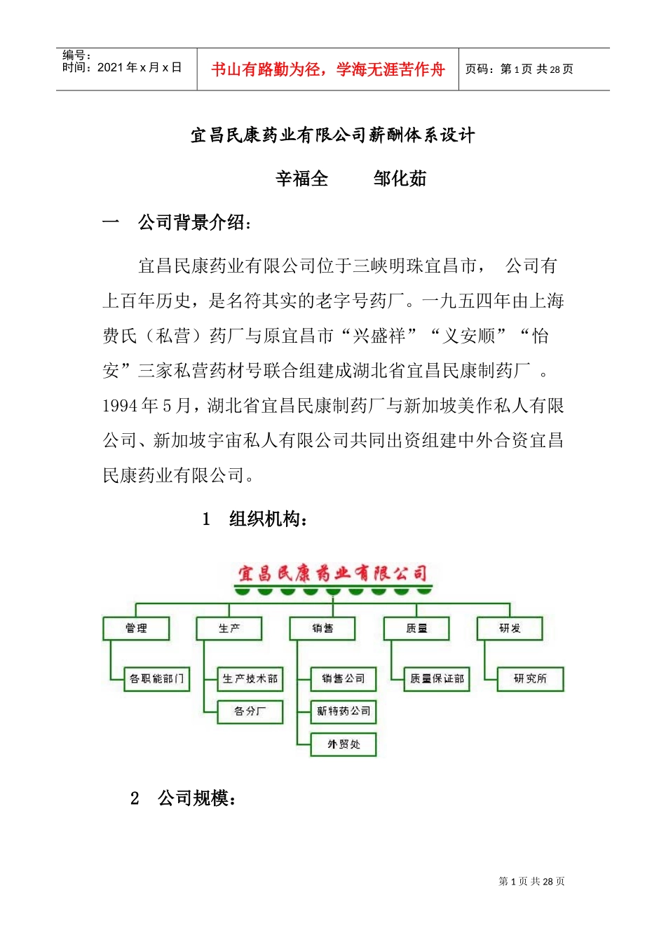 某某药业有限公司薪酬体系设计_第1页