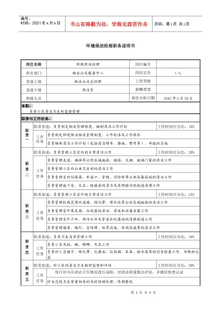 物业公司环境保洁经理职务说明书