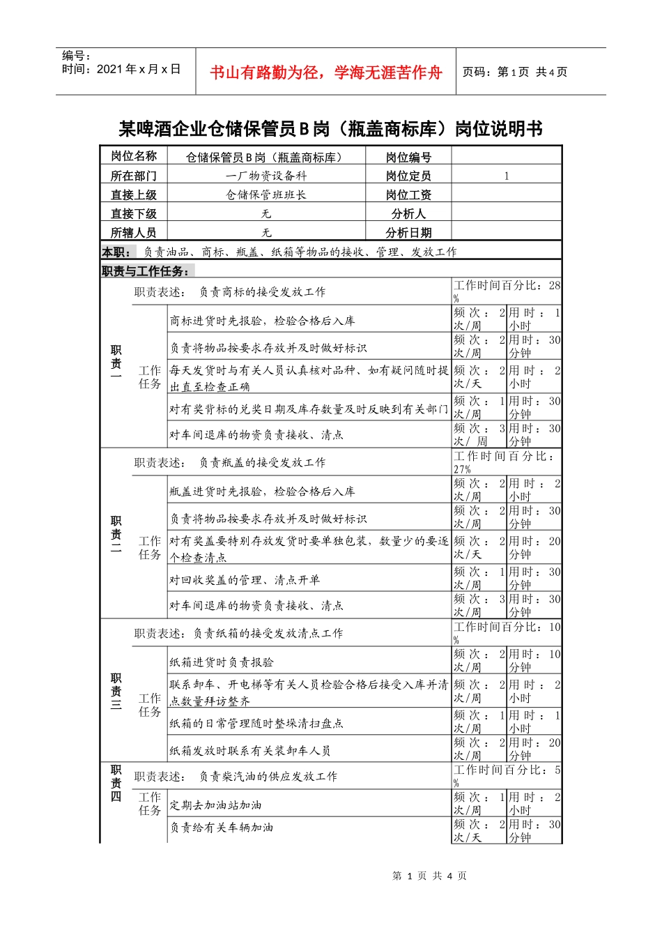 某啤酒企业仓储保管员b岗（瓶盖商标库）岗位说明书_第1页