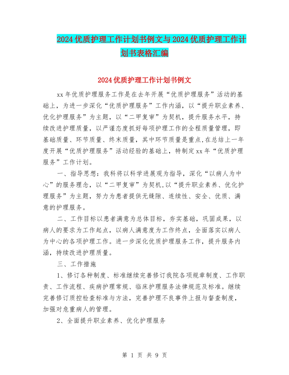 2024优质护理工作计划书例文与2024优质护理工作计划书表格汇编_第1页