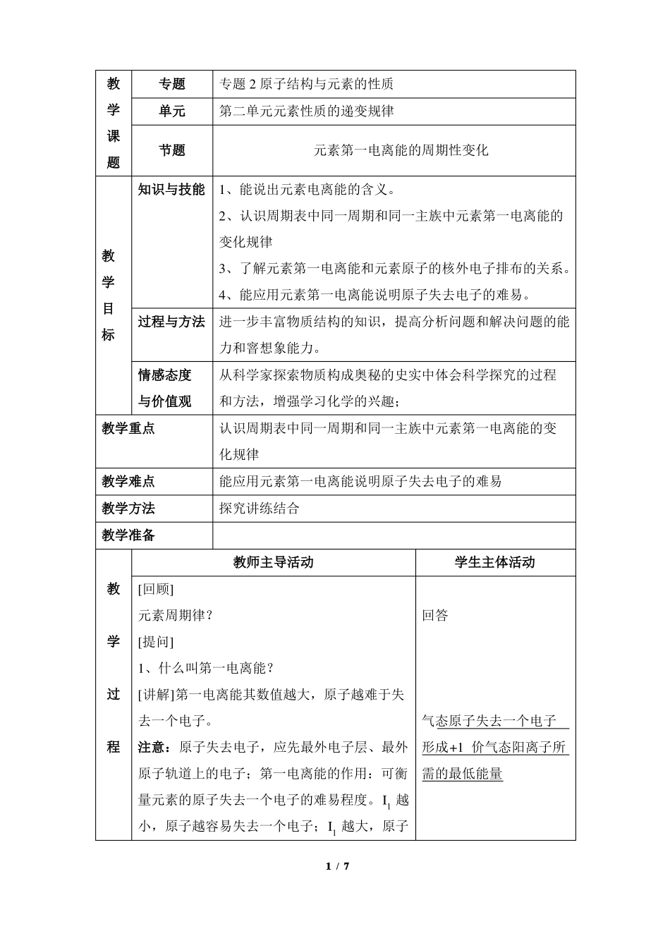 苏教版高三化学选修3元素第一电离能的周期性变化参考教案_第1页