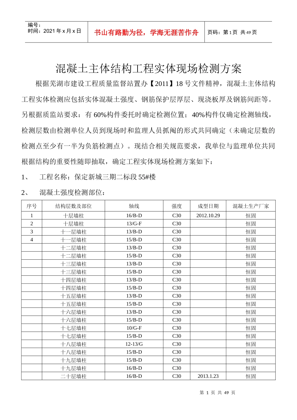 混凝土主体结构工程实体现场检测方案54楼_第1页