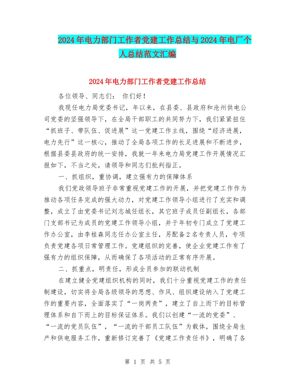 2024年电力部门工作者党建工作总结与2024年电厂个人总结范文汇编_第1页
