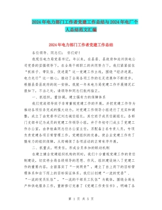 2024年电力部门工作者党建工作总结与2024年电厂个人总结范文汇编