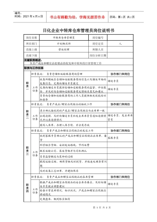 日化企业中转库仓库管理员岗位说明书