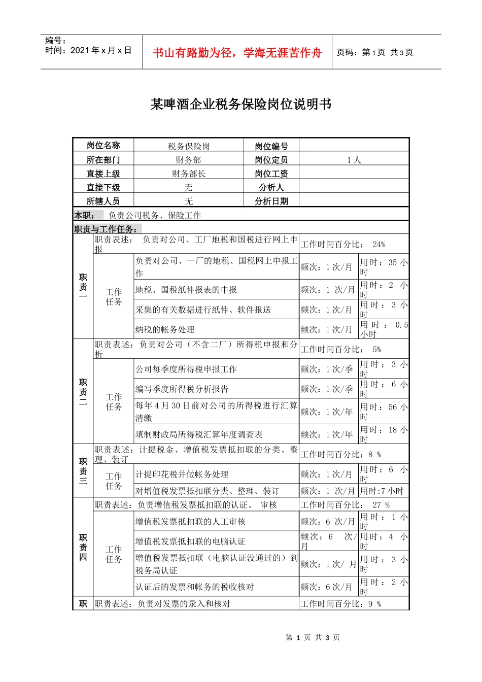 某啤酒企业税务保险岗位说明书_第1页