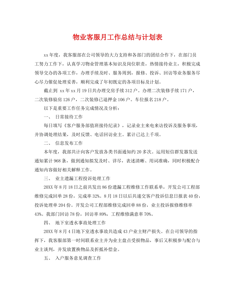 物业客服月工作总结与计划表 _第1页