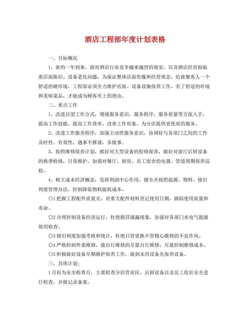 酒店工程部年度计划表格 _第1页