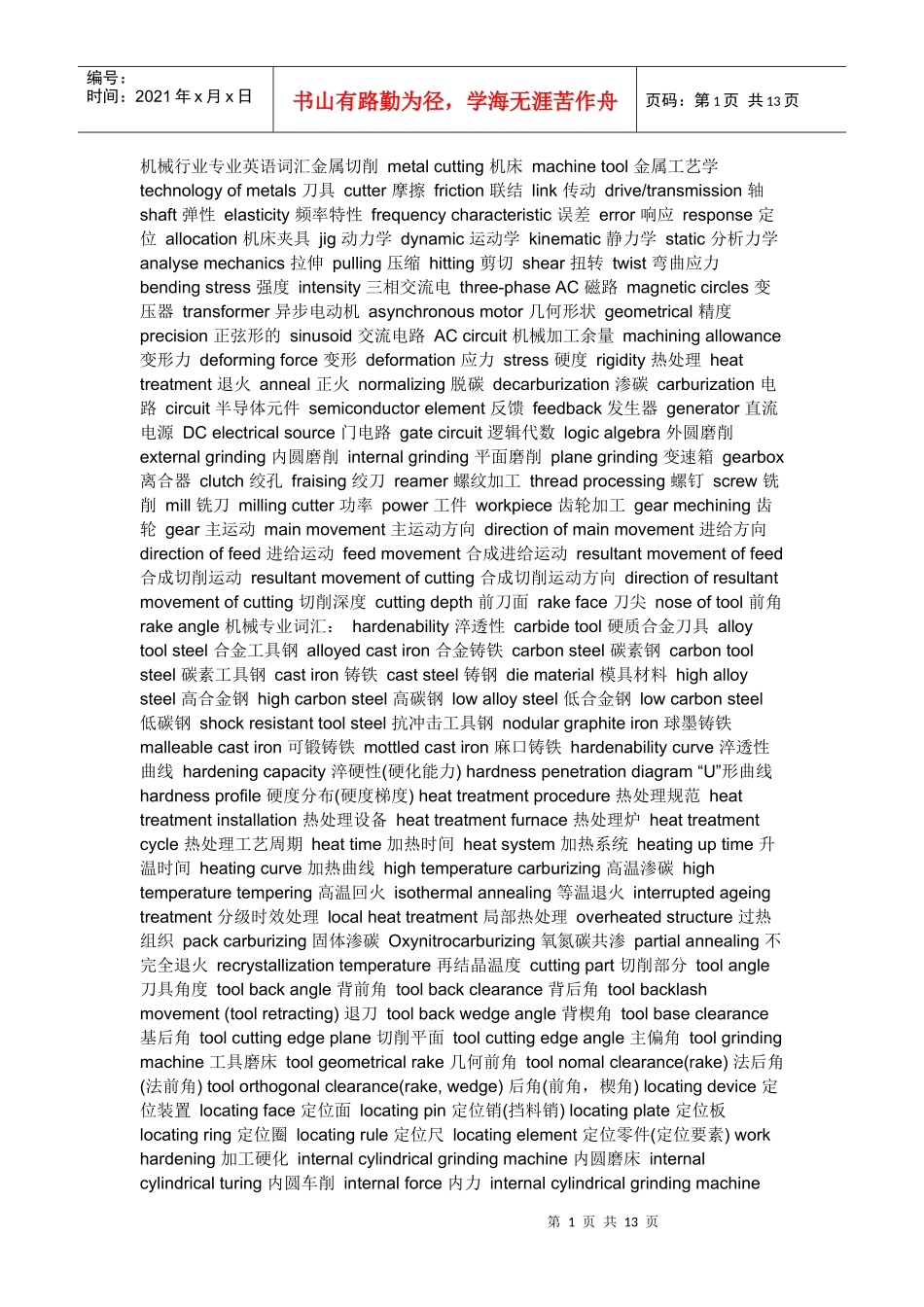 机械行业专业英语词汇金属切削 metal cutting 机床 machine tool 金属_第1页