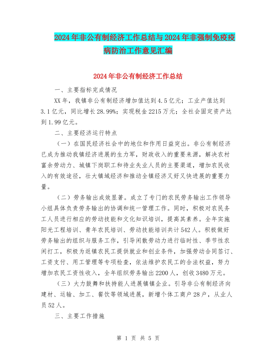 2024年非公有制经济工作总结与2024年非强制免疫疫病防治工作意见汇编_第1页