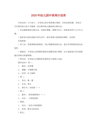 2020年幼儿园中班周计划表 