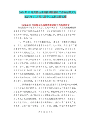 2024年11月实验幼儿园托班教研组工作总结范文与2024年11月幼儿园个人工作总结汇编