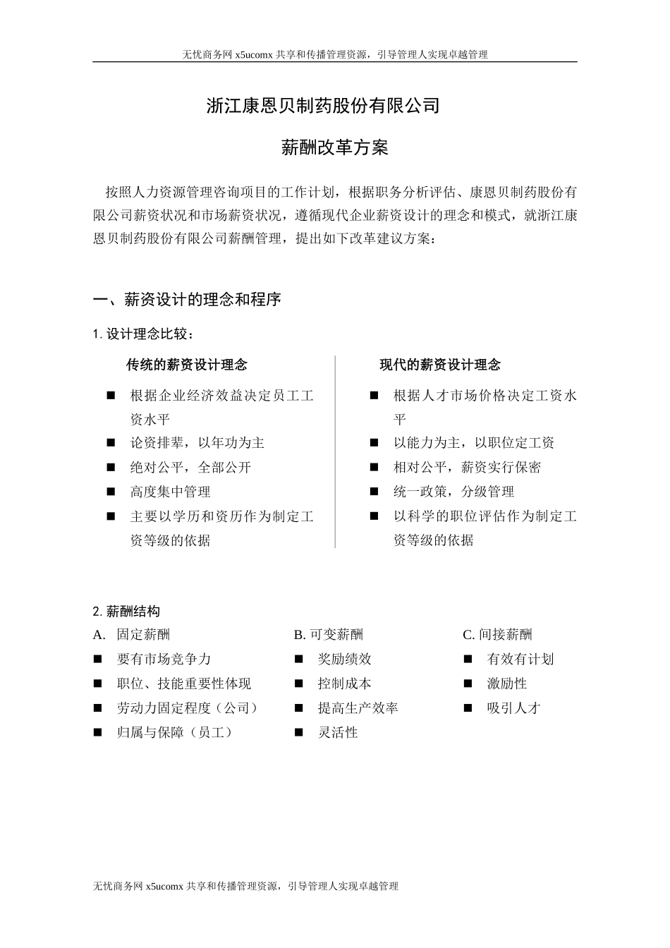 某某药业公司薪酬改革法案_第1页