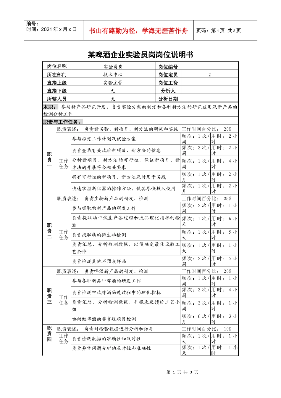 某啤酒企业实验员岗岗位说明书_第1页