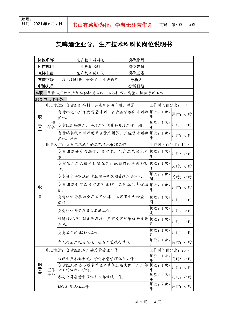 某啤酒企业分厂生产技术科科长岗位说明书_第1页