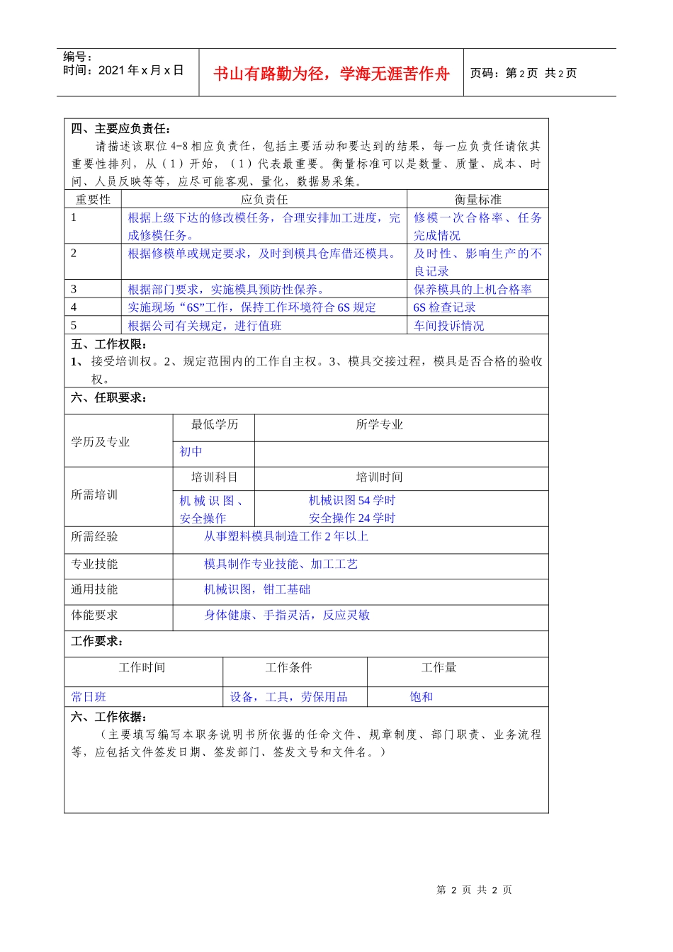 某大型汽车零部件公司模具改善部修模工职位说明书_第2页