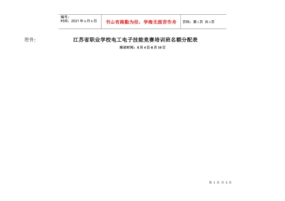江苏省职业学校电工电子技能竞赛培训班名额分配表_第1页