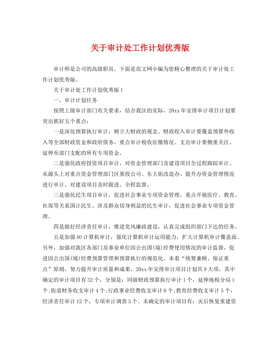 关于审计处工作计划优秀版 _第1页
