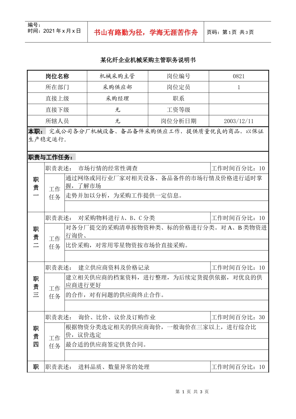 某化纤企业机械采购主管职务说明书_第1页