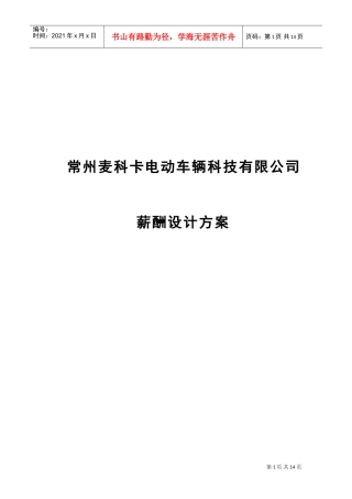 某某电动车辆科技有限公司薪酬设计方案