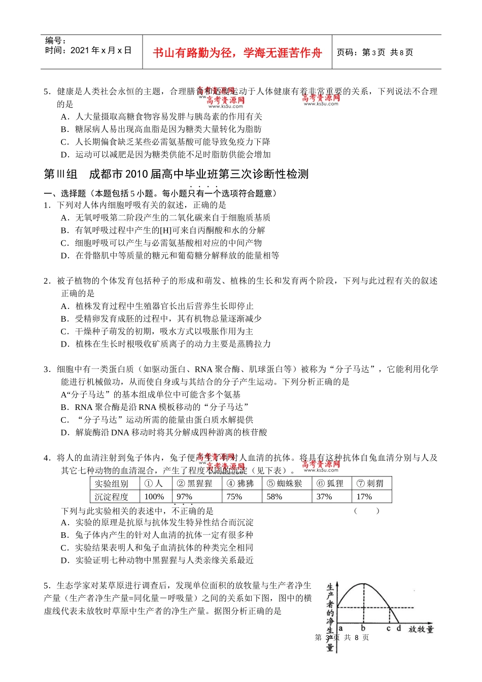 理科综合生物选择题专项训练 全国优秀试卷汇编_第3页