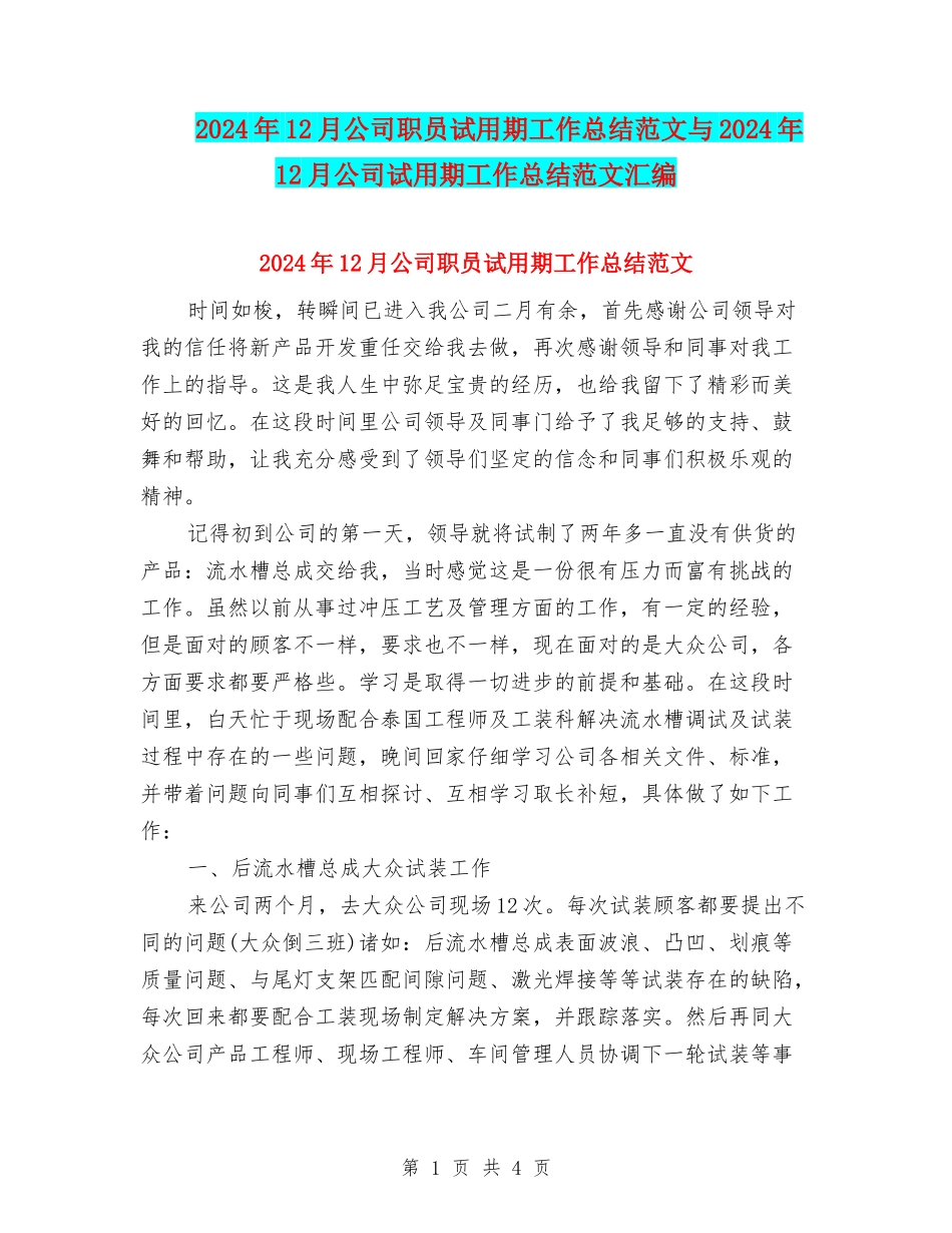 2024年12月公司职员试用期工作总结范文与2024年12月公司试用期工作总结范文汇编_第1页