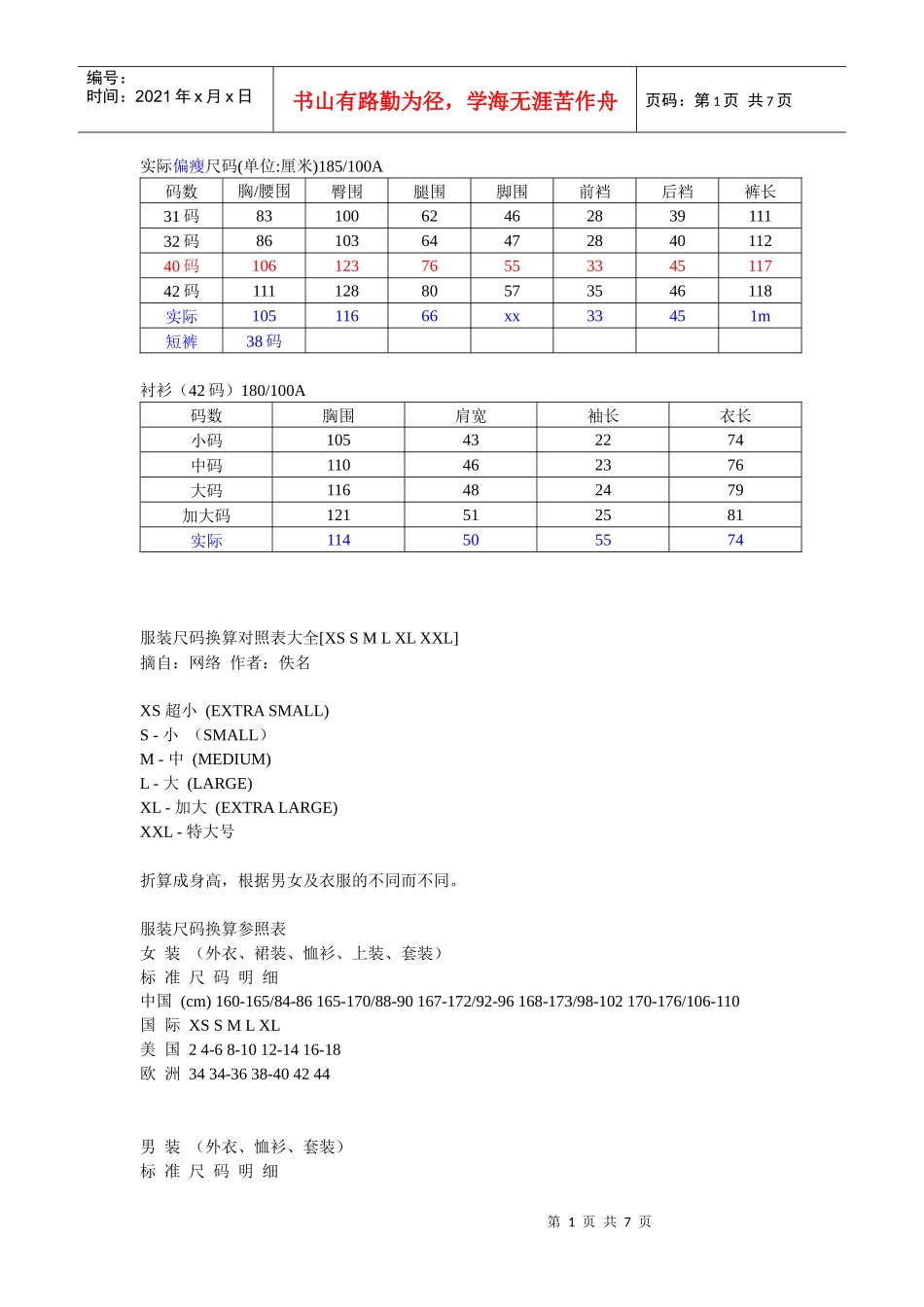 服装尺码对比及换算_第1页