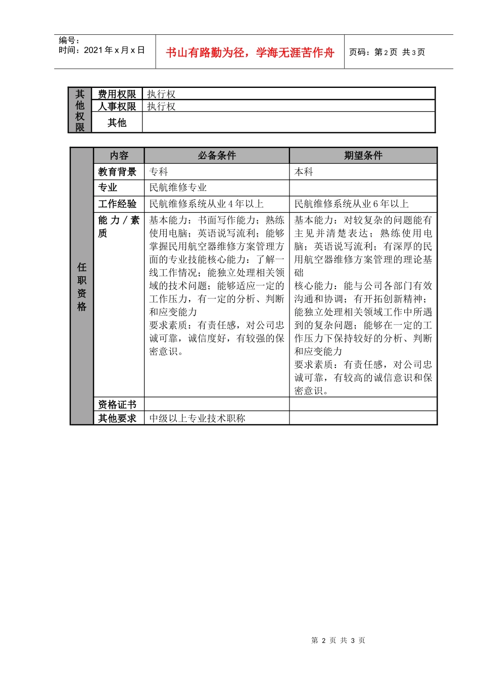 某航空物流公司mpd工程师职位说明书及关键绩效标准_第2页