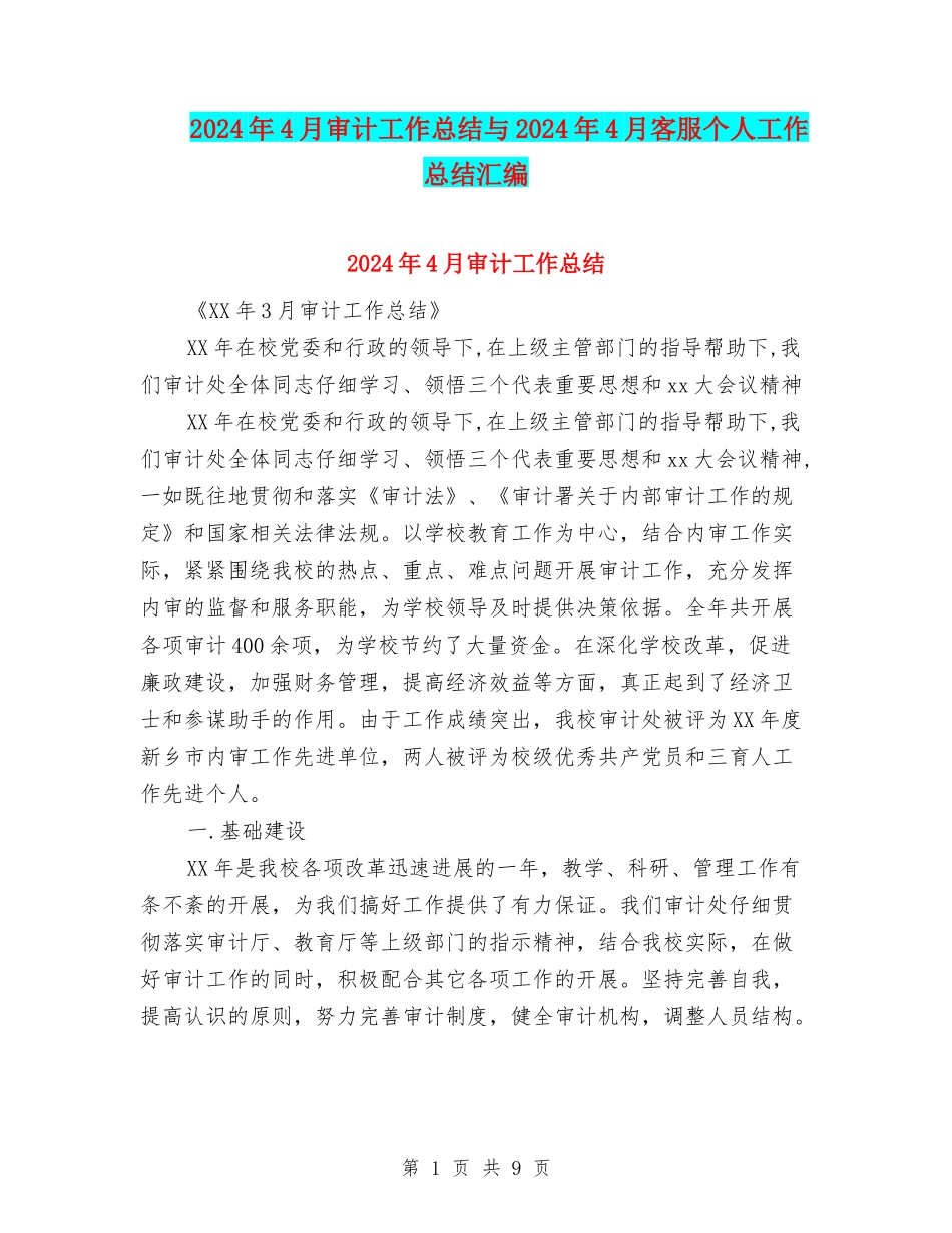 2024年4月审计工作总结与2024年4月客服个人工作总结汇编_第1页
