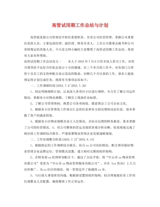 高管试用期工作总结与计划 