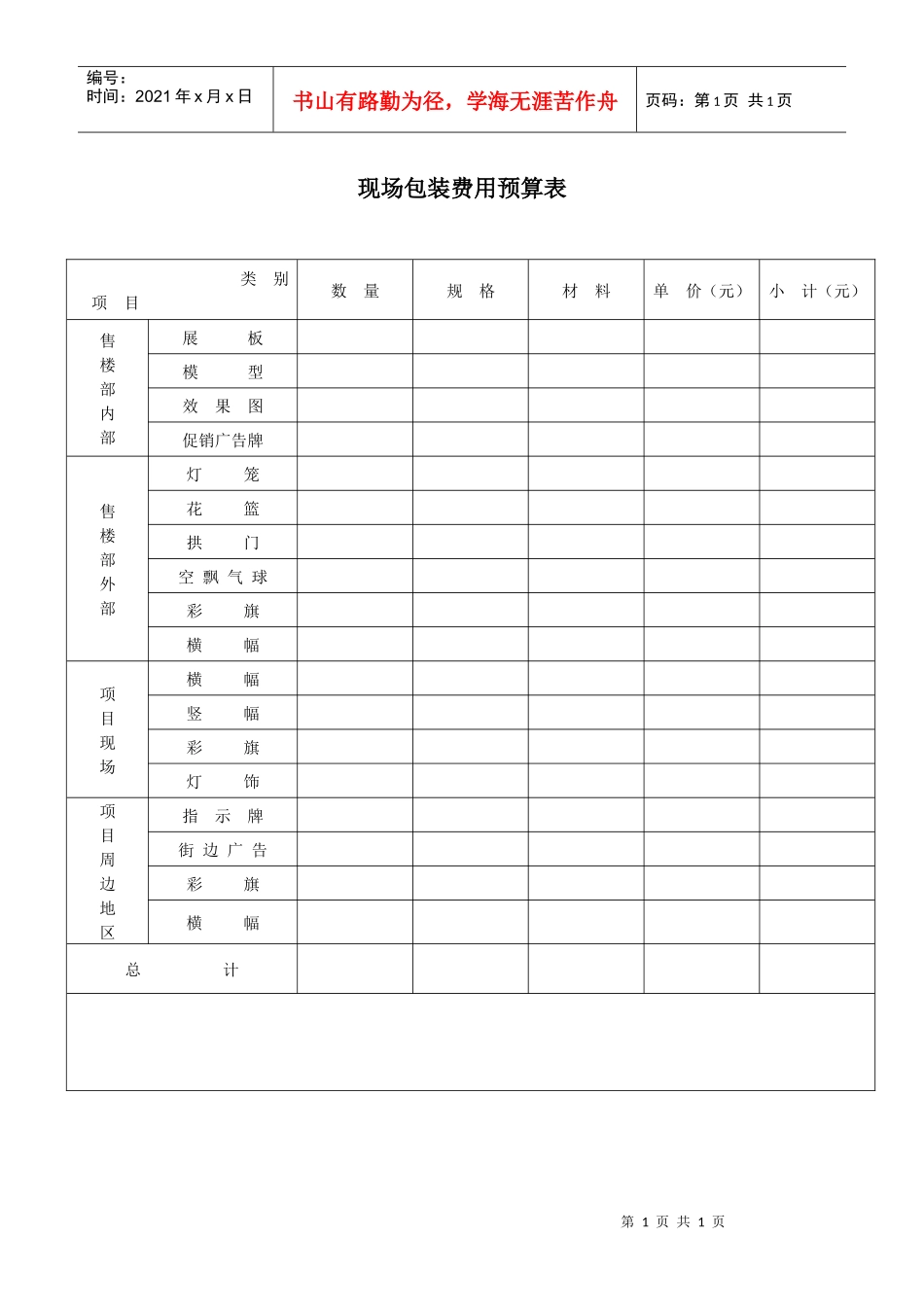 现场包装费用预算表_第1页