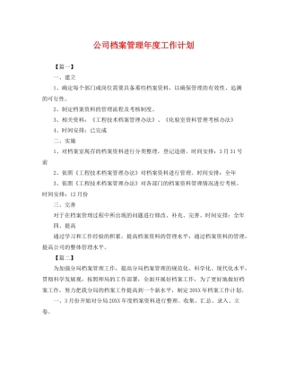 公司档案管理年度工作计划 